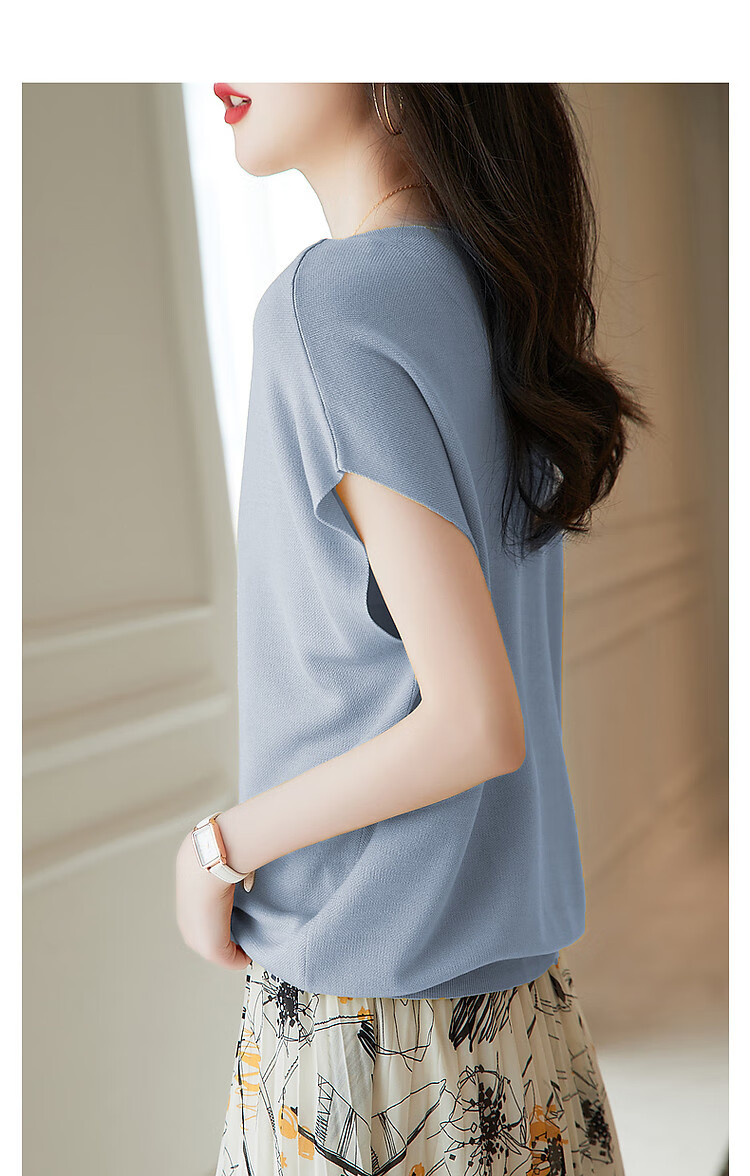 Dme [One-Neck Sweater] Summer Elegant Batwing Sleeve Short-Sleeve Knit Top for Wome 9