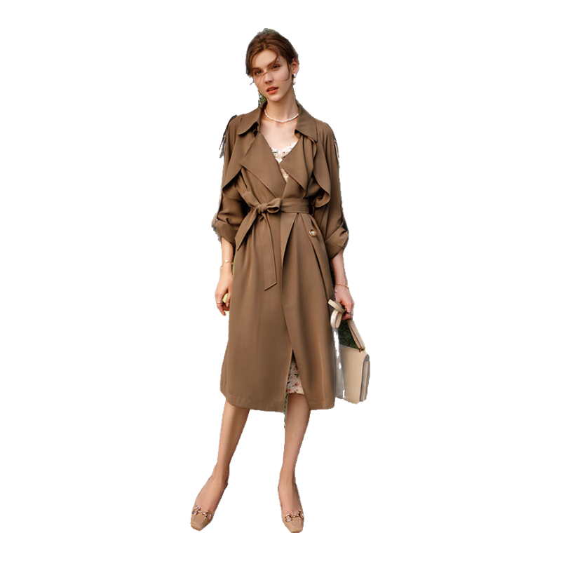 Olrain Eurielle French Style Trench Coat Autumn Women's Commuting Mid-Length Overcoat Coffee Color (Second Batch) XL