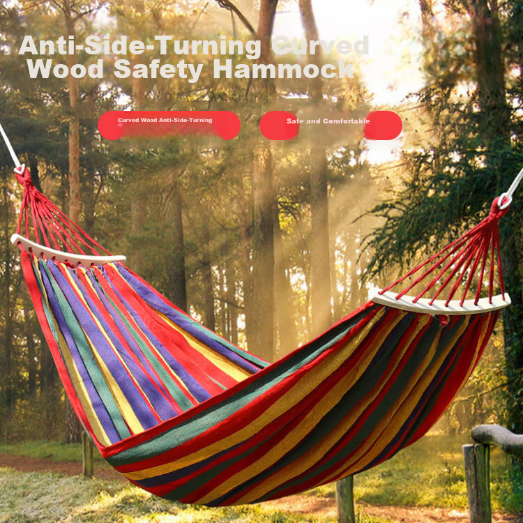 Yonglebao Single-Person Crescent-Shaped Anti-Rollover Hammock, Outdoor Camping Thickened Wide Canvas Hammock with Bent Wood Frame, Rainbow Color, 2-Piece Set 1