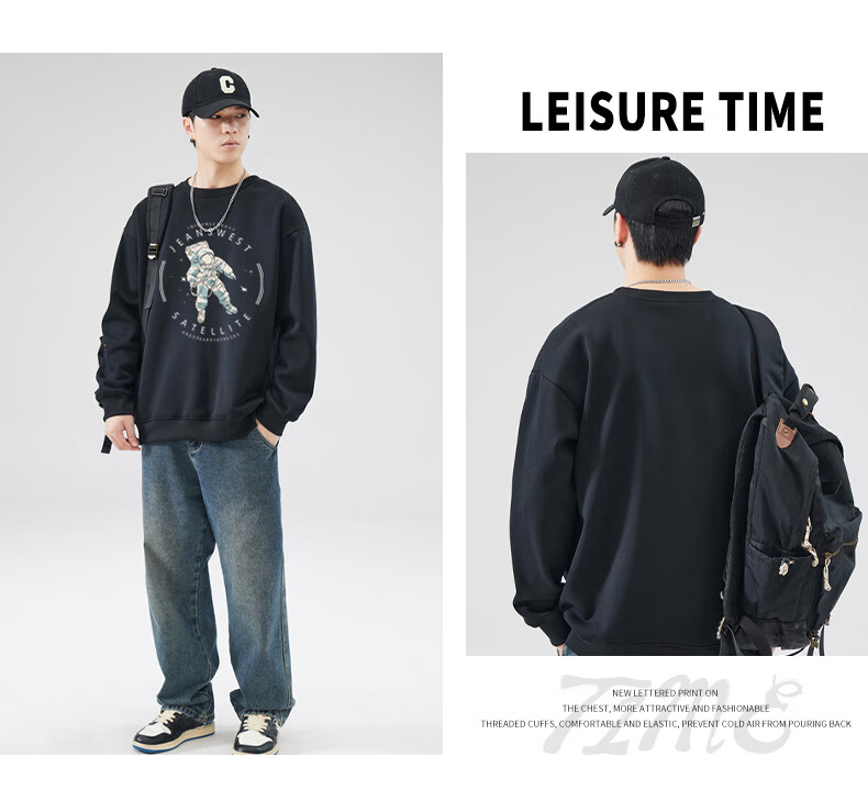 Jeanswest Sweatshirt, Men's Round Neck, Trendy Brand, 2026 Autumn Top, Fashionable Loose Pullover, Men's Jacket, Black, XL 11