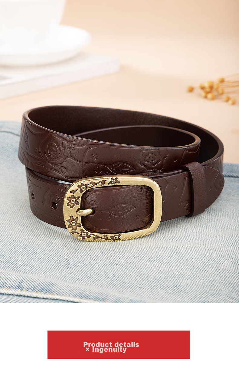 Cattlesboss Women's Leather Belt, Vintage Carved Buckle, Versatile Waistband, 5333 Dark Brown, 105cm 14