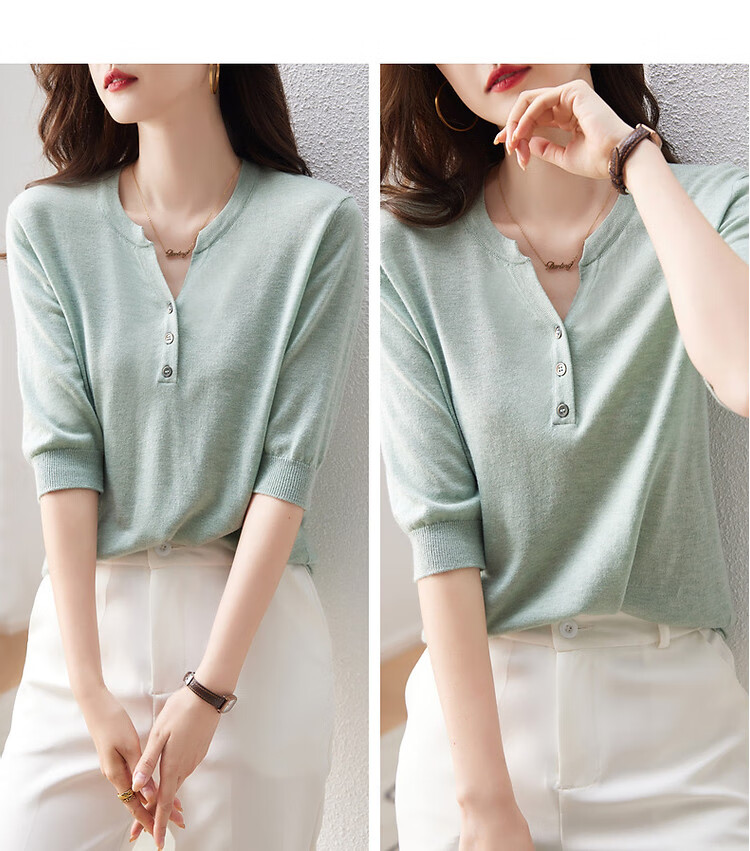 Dme [Baohe Milk Cheese] Spring And Summer Semi-Open Collar Sweater with Wool, Five-Quarter Sleeve, Petite Knit Top for Wome 14