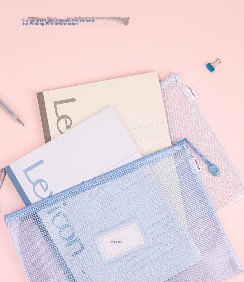 Deli Back-To Stationery, 5 A4 Grid Zipper Pouches, File Folders for Students' Subject Classification, Label Style, Morandi Mixed Colors 63484A 11