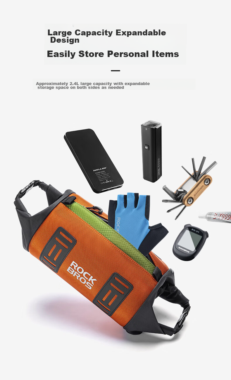 ROCKBROS Bicycle Handlebar Bag, Front Handlebar Bag, Stem Bag, Gravel Road Mountain Bike Front Bag Accessory, Black And Orange Color 4