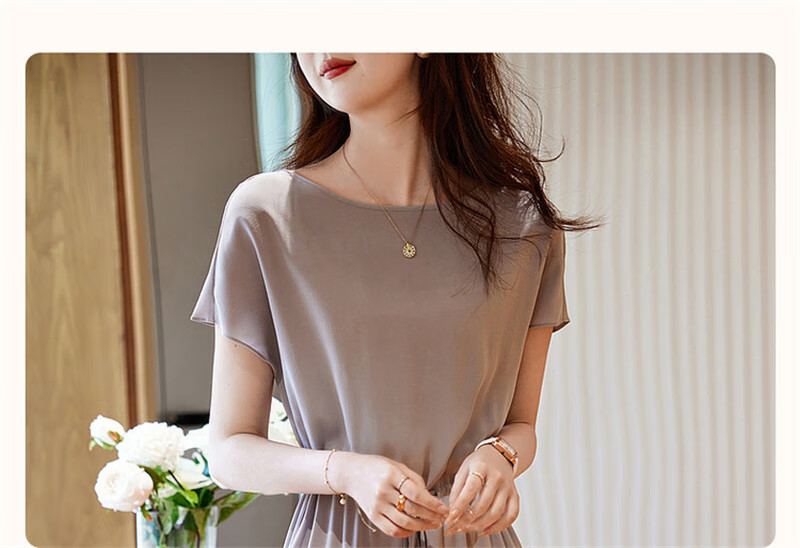 Dme Spring And Summer Silk Dress, High-End Mulberry Silk New Style Round Neck Seamless Shoulder Straight Silk Mid-Length Women's Dress 4