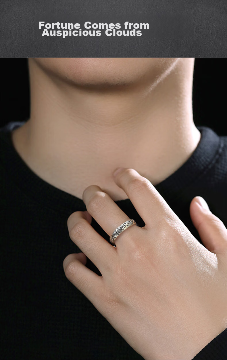 GLTEN Silver Ring for Men, Plain Band with Auspicious Cloud Design, Vintage Open Ring, Birthday Gift, Anniversary Present for Boyfriend Or Husband 8