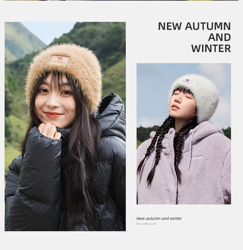 CAMEL Plush Knitted Hat for Women, Winter Cold Protection Ear-Covering Thick Warm Face-Slimming Knitted Cap 133CP15061 11