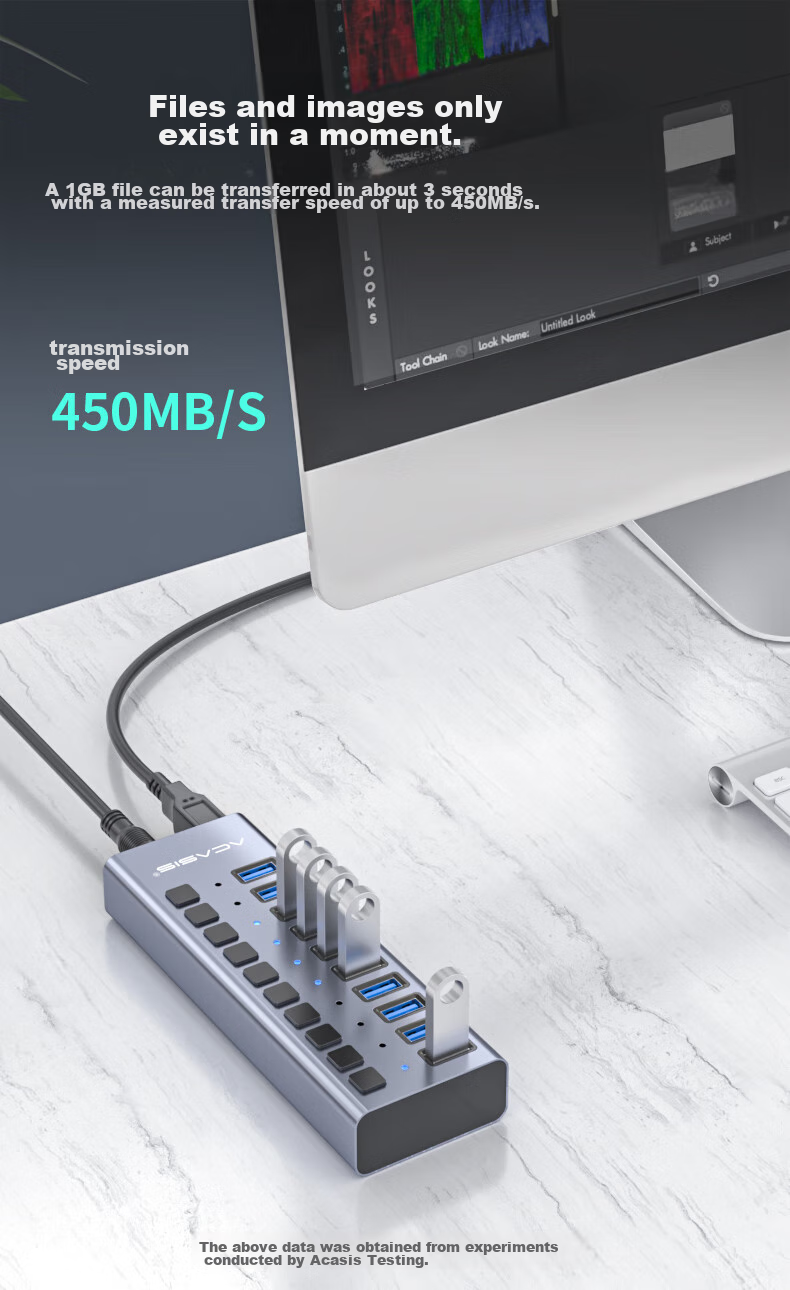 Acasis USB 3.0 Hub, One-To High-Speed Expansion HUB Duplicator Cable, Desktop And Laptop Multi-Port Adapter Expansion Dock HS-707MG 5