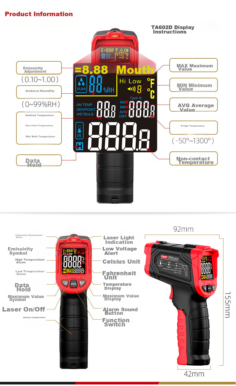 Teans High-Temperature Thermometer Industrial High-Precision Infrared Thermometer Smelting Casting Oil Temperature Gun TA603A 24