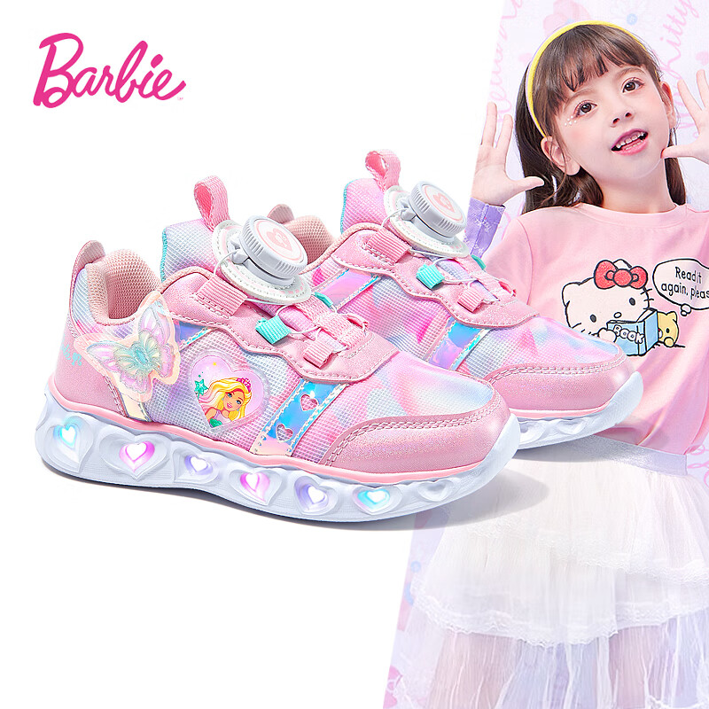 Barbie Girls' Sneakers with Rotary Buckle, Spring And Autumn Chunky Shoes, Light-Up Sports Shoes for Girls, DA6558 Pink Size 28