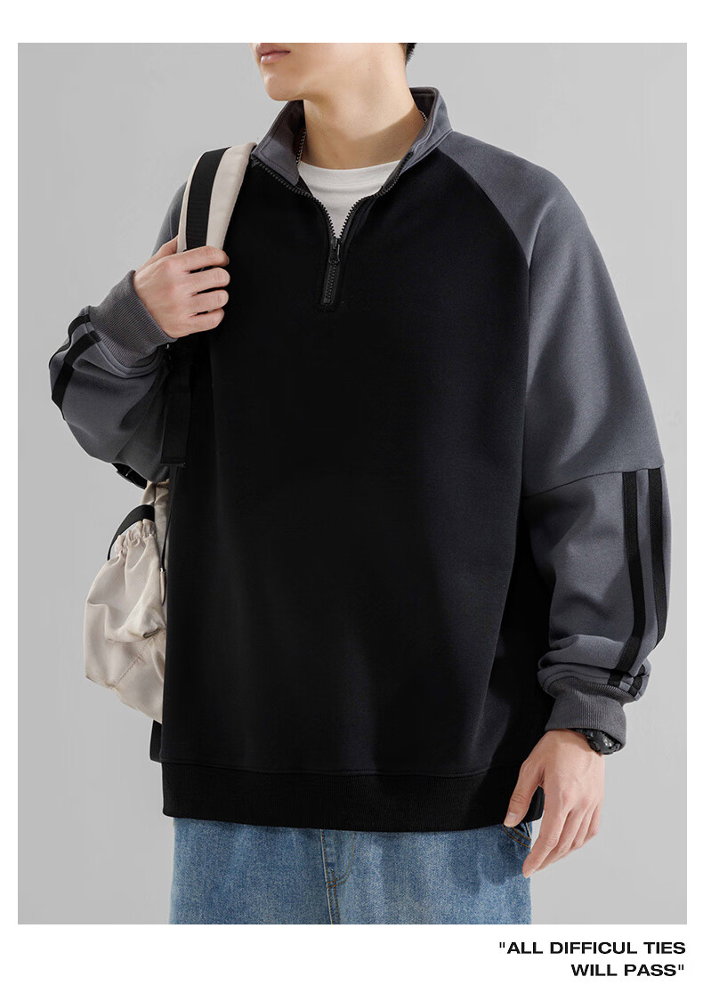 MMOPTOP American-Style Half-Zip Sweatshirt for Men, Spring And Autumn Season, Contrasting Color Raglan Sleeve, Loose Casual Top, 8905 Navy Blue L 14