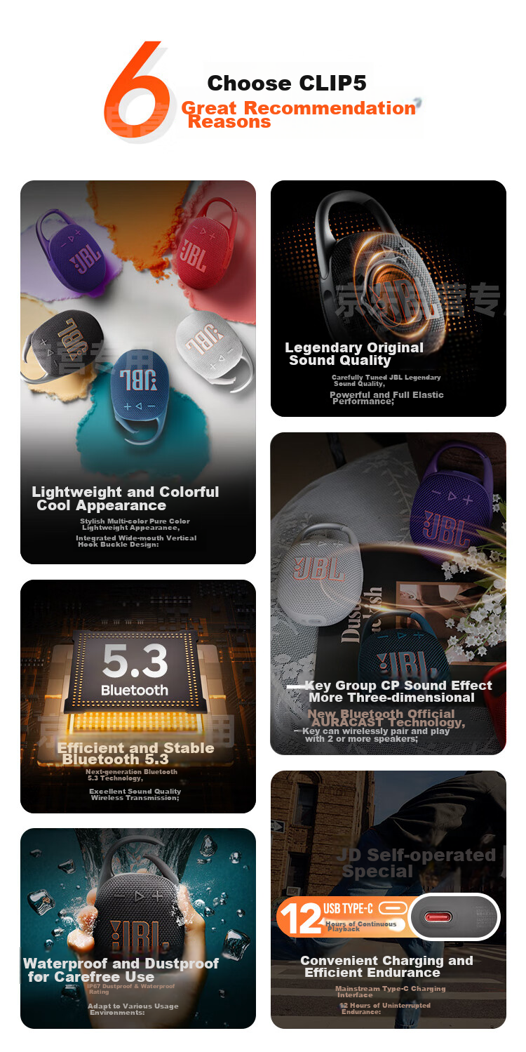 JBL CLIP5 Music Box Fifth Generation, Bluetooth Speaker, Outdoor Portable Speaker, Waterproof Speaker, Clip-On Speaker, Recommended for Shopping, Travel Gift Companion, Moonlight White 3