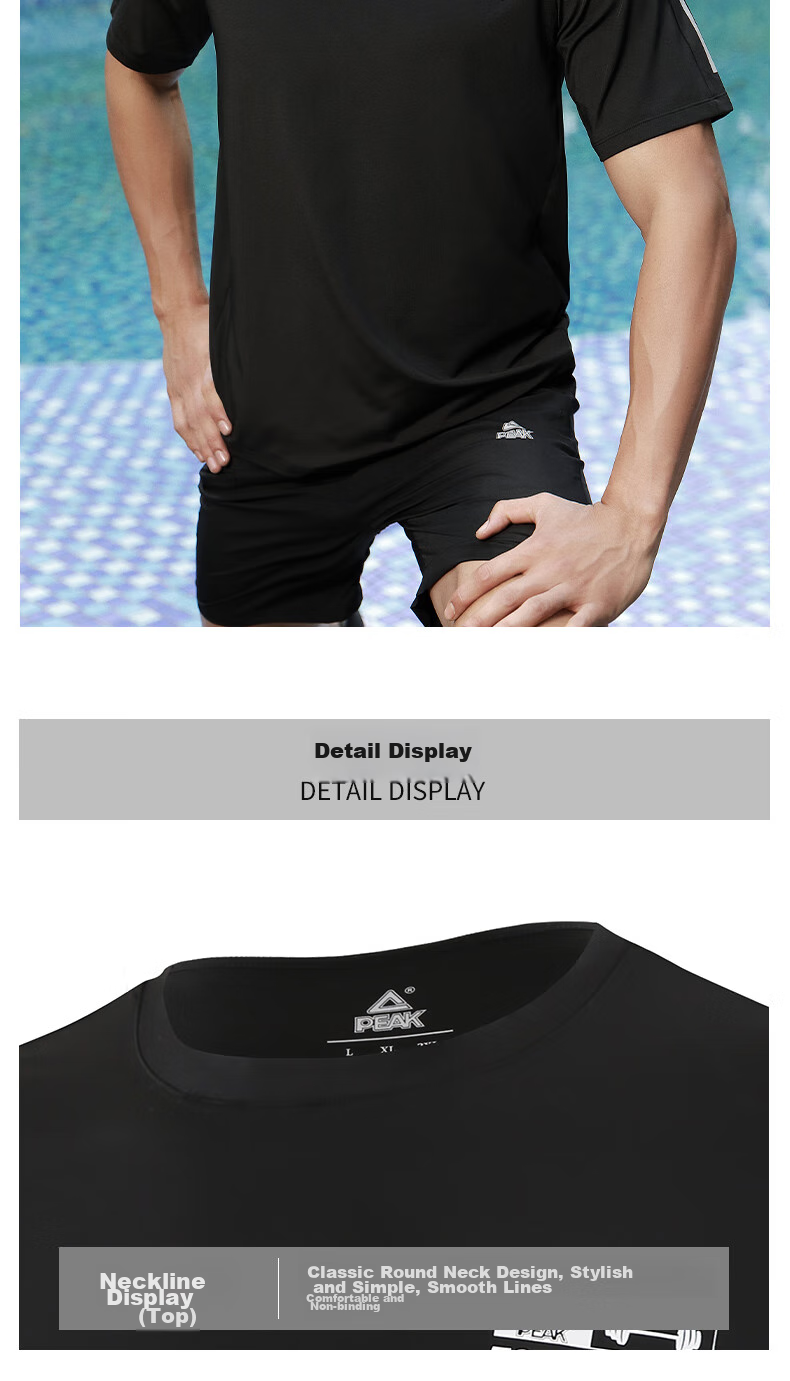 PEAK Men's Sports Set, Quick-Dry Breathable Casual Fitness Short-Sleeve Shorts Two-Piece Set, Black, Size L 14