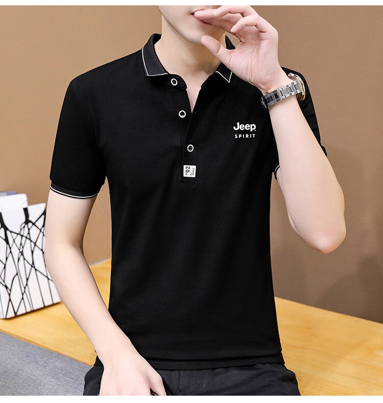 JEEP SPIRIT Men's Short-Sleeve T-Shirt, Summer POLO Shirt, Business Casual, Turn-Down Collar, Breathable, Slim Fit, Black, Size L 17