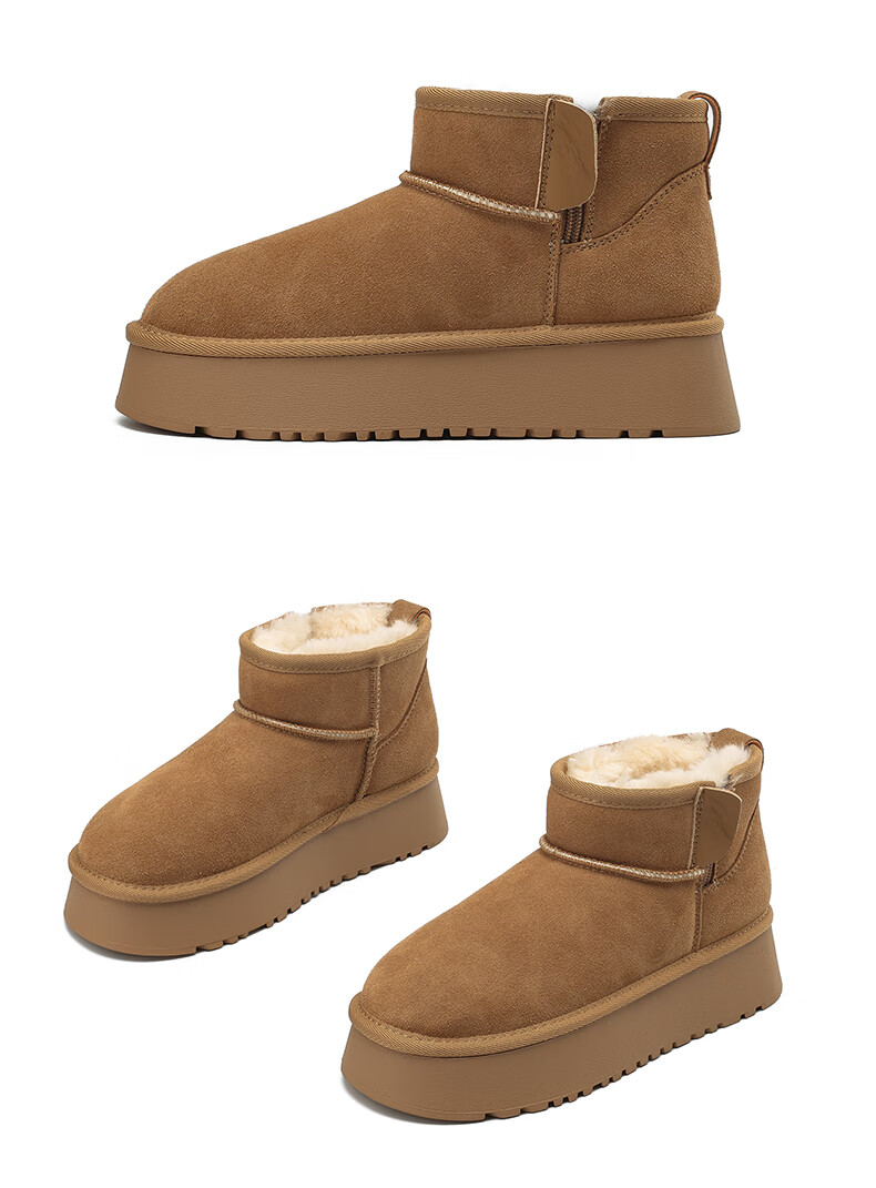 DAPHNE Women's Snow Boots Cowhide Short Boots Warm Fleece Lined Thickened Ankle Boots 4023608077 Brown Size 38 10