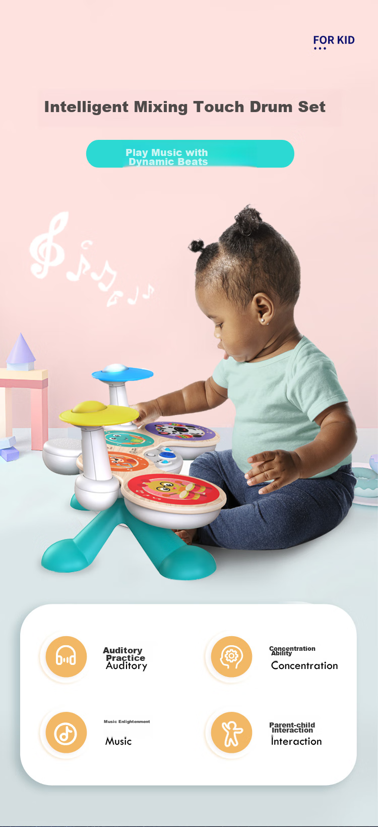 Hape Kindergarten Teaching Tool, Beginner's Jazz Drum Set with Smart Mixing Touch Control Drums, Gift for Boys And Girls, 800-900 1