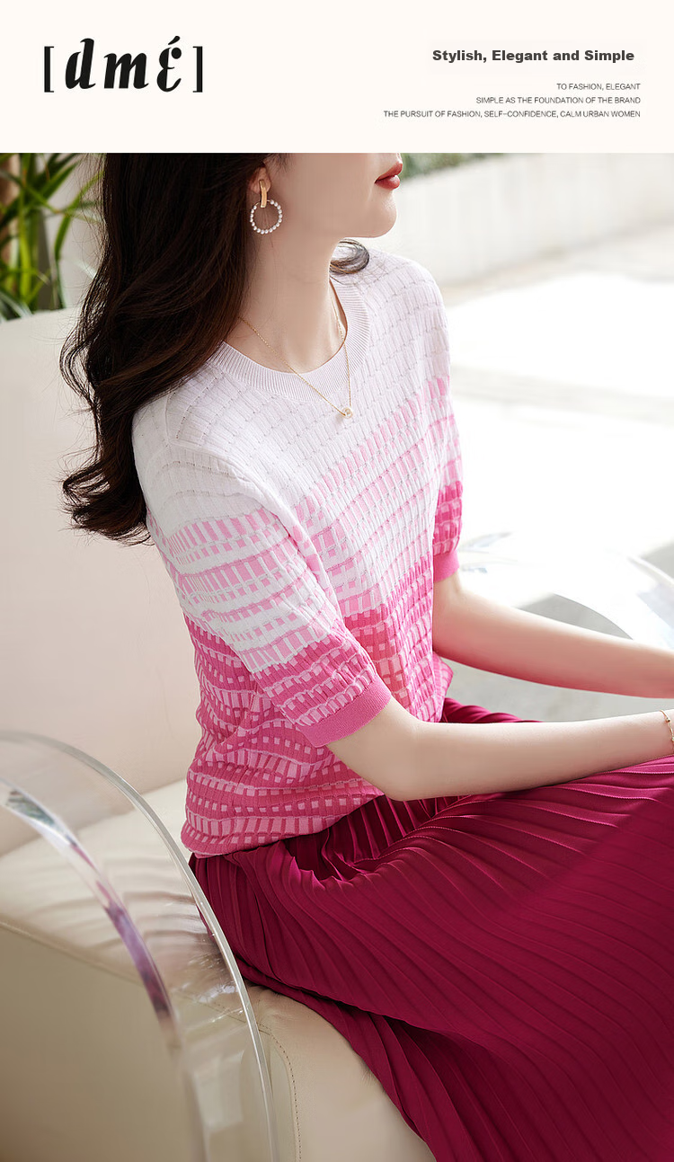 Dme [Bingchuan Meiros] Spring And Summer Double-Curved Ice Linen Sweater, Round Neck, Contrasting Color Jacquard, Petite Knit Top for Wome 1