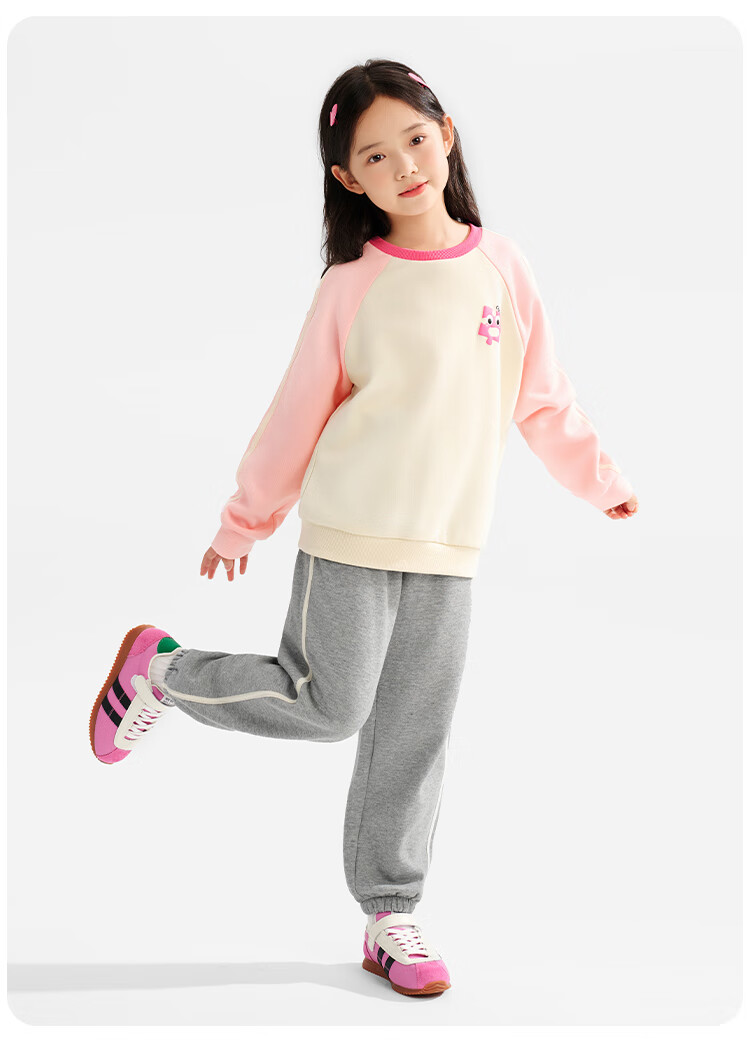 QQ DUCK Children's Clothing Set Girls' Sweatshirt And Sweatpants Student Sportswear Youth Outfit Puzzle Set Light Pink; 160 1