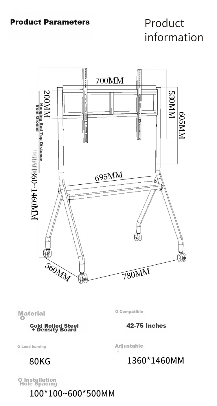 Jinying Mobile TV Stand (50-100 Inches), Floor-Standing TV Mount, TV Cart, Video Conference Display Mobile Trolley, Floor-Standing TV Bracket 11
