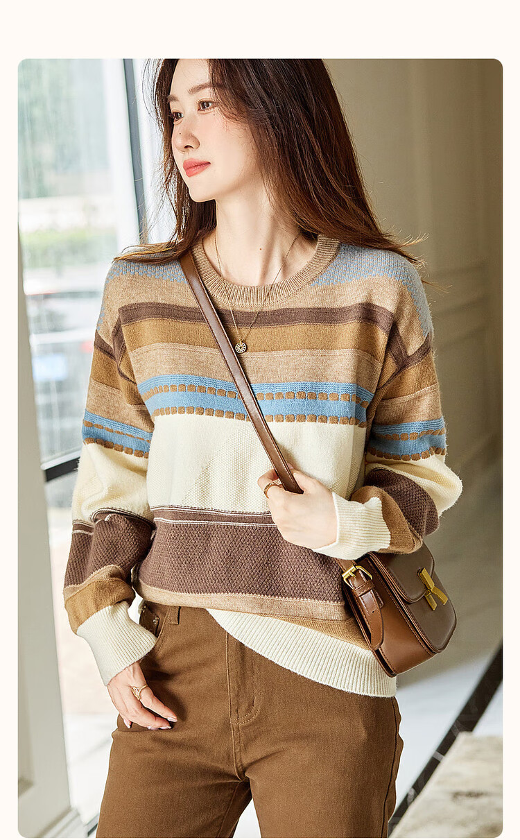 Dme [Light Mature Commuter] Autumn And Winter Round Neck Fleece Striped Contrasting Color Sweater, Long-Sleeve Knit Top for Wome 2