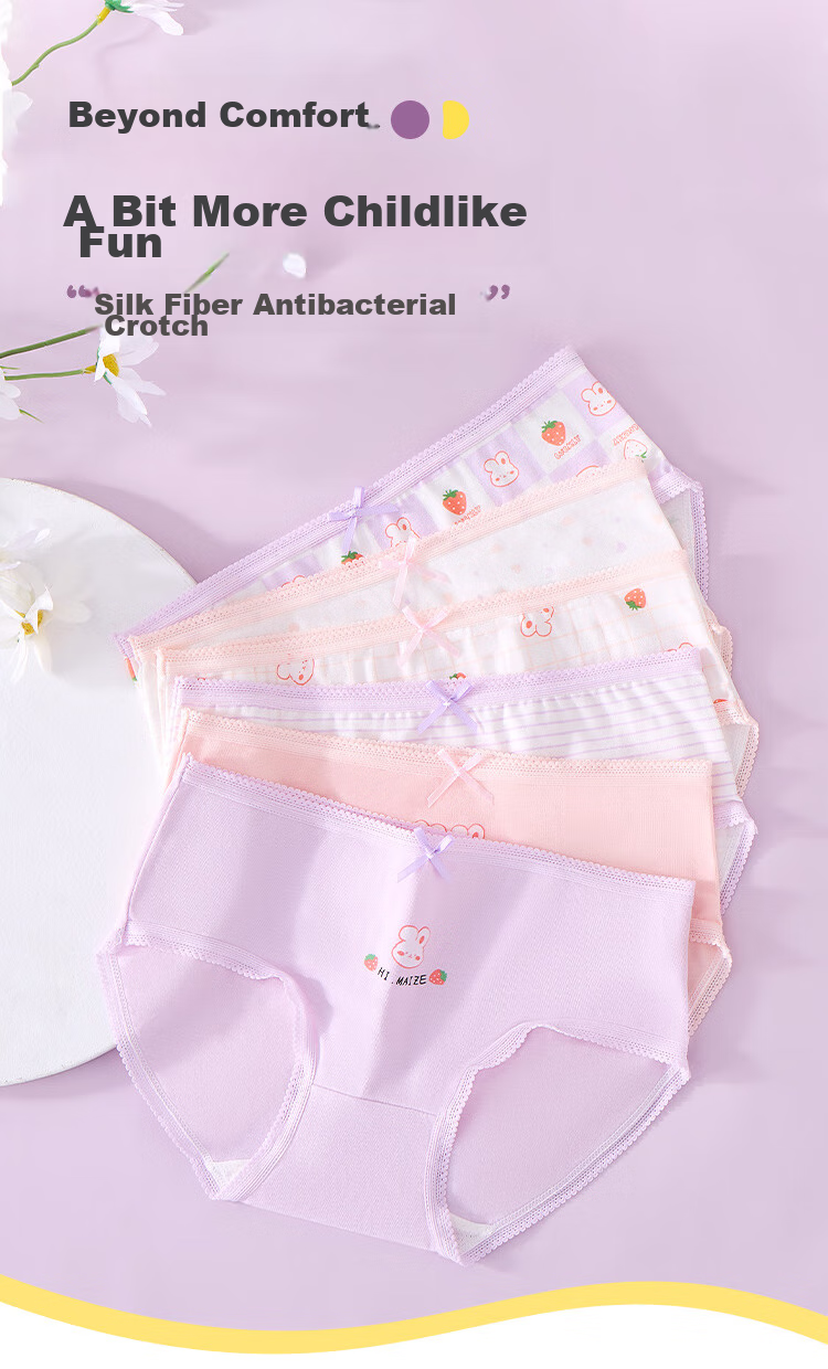 LangSha Girls' Underwear for Children And Teens, Puberty Triangle Panties, Six-Pack, Purple Bunny Design, Size 150 1