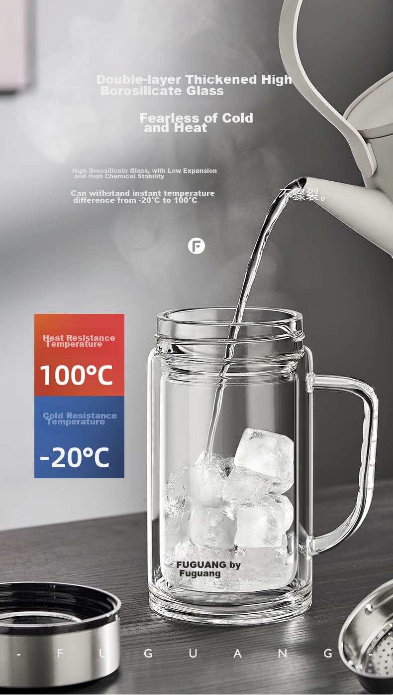 Fuguang Large Capacity High Borosilicate Double-Layer Glass Cup with Tea Strainer, Thickened Water Mug with Handle, Tea Infuser Cup, Office Mug 3
