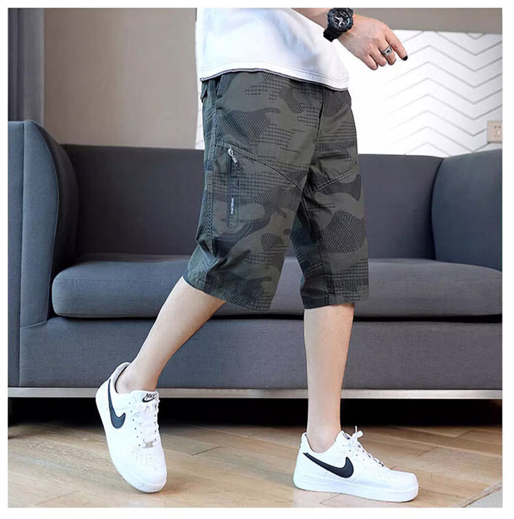 JEEP SPIRIT Men's Workwear Shorts Summer Loose Casual Pants Straight Leg Cotton Cropped Camouflage Light Gray 5XL 5