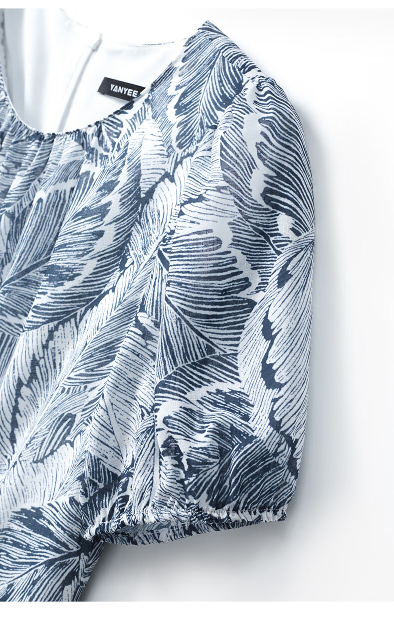 Yanyu Printed Short Sleeve Dress Women's 2026 Summer Retro Commuter Mid-Length Round Neck Dress Blue Floral S 20