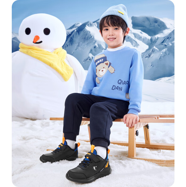 QIAODAN Fleece-Lined Boys' Cotton Shoes Children's Winter Running Shoes Toddler Velcro Sneakers Academy Blue/QIAODAN White Size 29 1