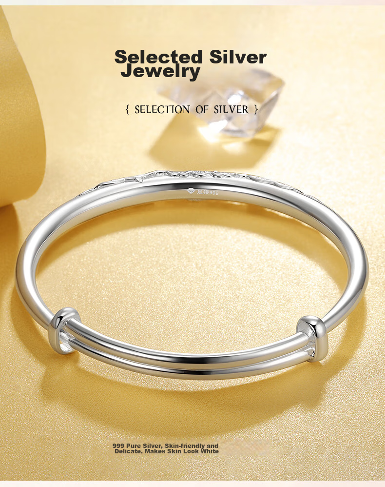 Sino Gem Sino Gem Mid-Autumn Festival Gift Peony Flower Silver Bracelet for Women, 999 Fine Silver Bangle, Gift for Girlfriend, Approximately 30g 10