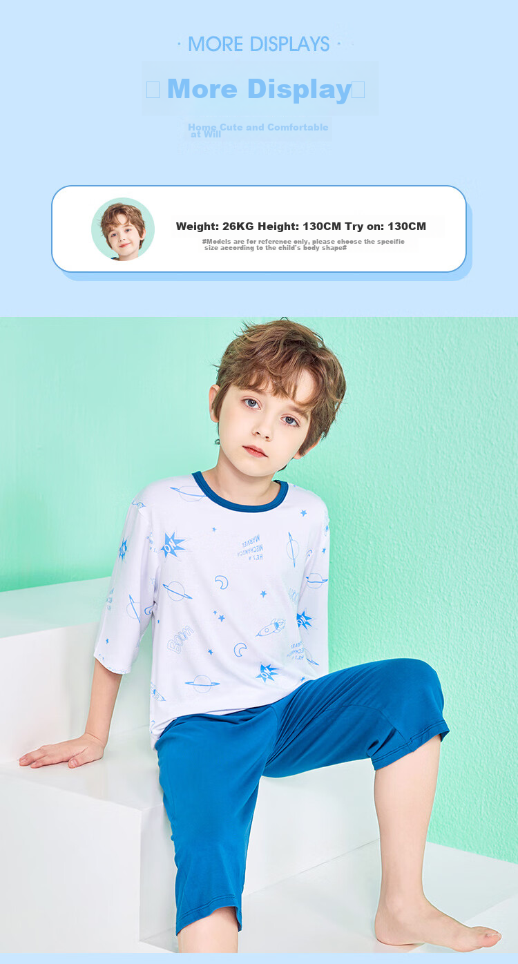 LangSha Children's Pajamas, Boys' Summer Thin Modal Sleepwear, Youth Three-Quarter Sleeve Home Wear Set, Blue, Size 120 9