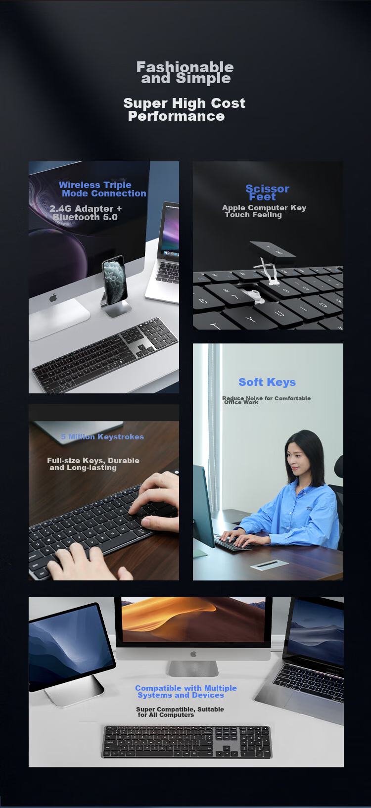 AUSDOM KAM200 Keyboard And Mouse Set, 110 Keys, Quiet, Ultra-Thin, Portable, 2.4G Wireless Keyboard And Mouse Combo, Dual-Mode Scissor Foot, Compatible with Desktop Computers And Laptops, White 2
