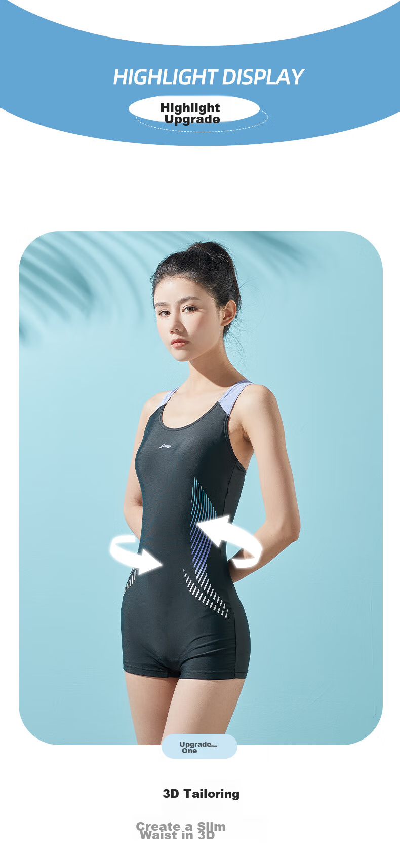 Li-Ning Women's One-Piece Sports Boyshort Swimsuit, Conservative Push-Up Slim-Fit Swimwear, Hot Spring Swimwear 052, Navy Blue, 3XL 3