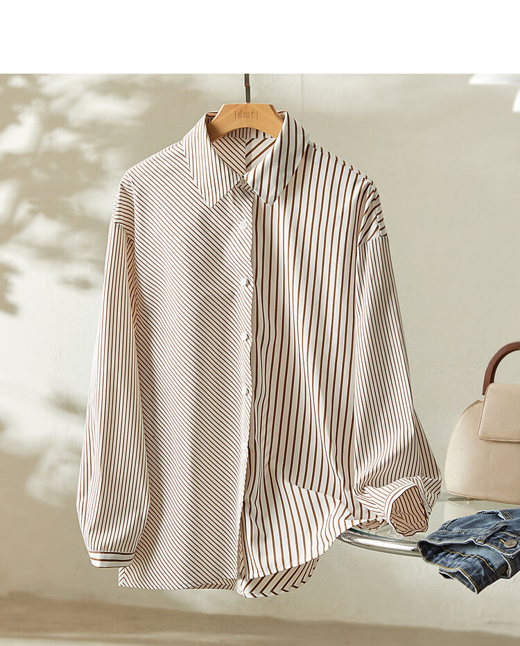 Dme [Stylish Intellectual] Spring And Autumn Free Simple Striped Patchwork Shirt, Comfortable Cotton-Blend Slimming Blouse 17