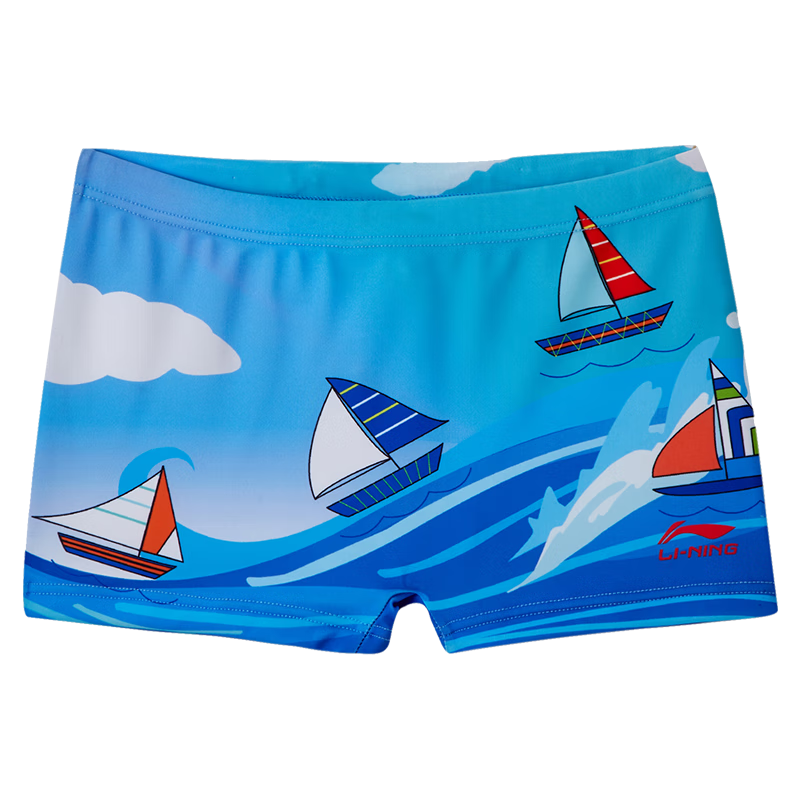 Li-Ning Children's Swim Trunks, Boys' Cartoon Fashion Quick-Dry Chlorine-Resistant Swimming Training Swim Shorts, 531 Blue, Size 140