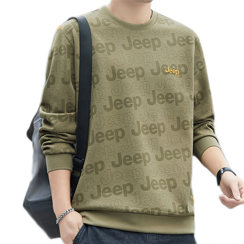 JEEP Men's Sweatshirt, Spring And Autumn Round Neck Trendy Loose Long Sleeve T-Shirt, Casual Menswear, Army Green, 4XL