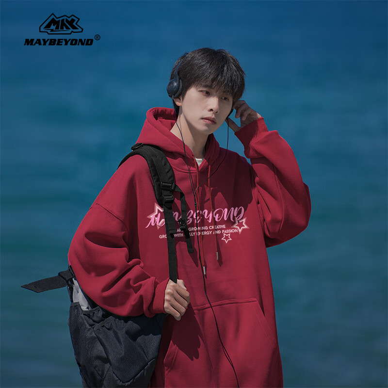 MAYBEYOND Men's Hoodie Trendy Brand Autumn Winter American Style Loose Fit Couple Sweatshirt MA47 Wine Red 3XL