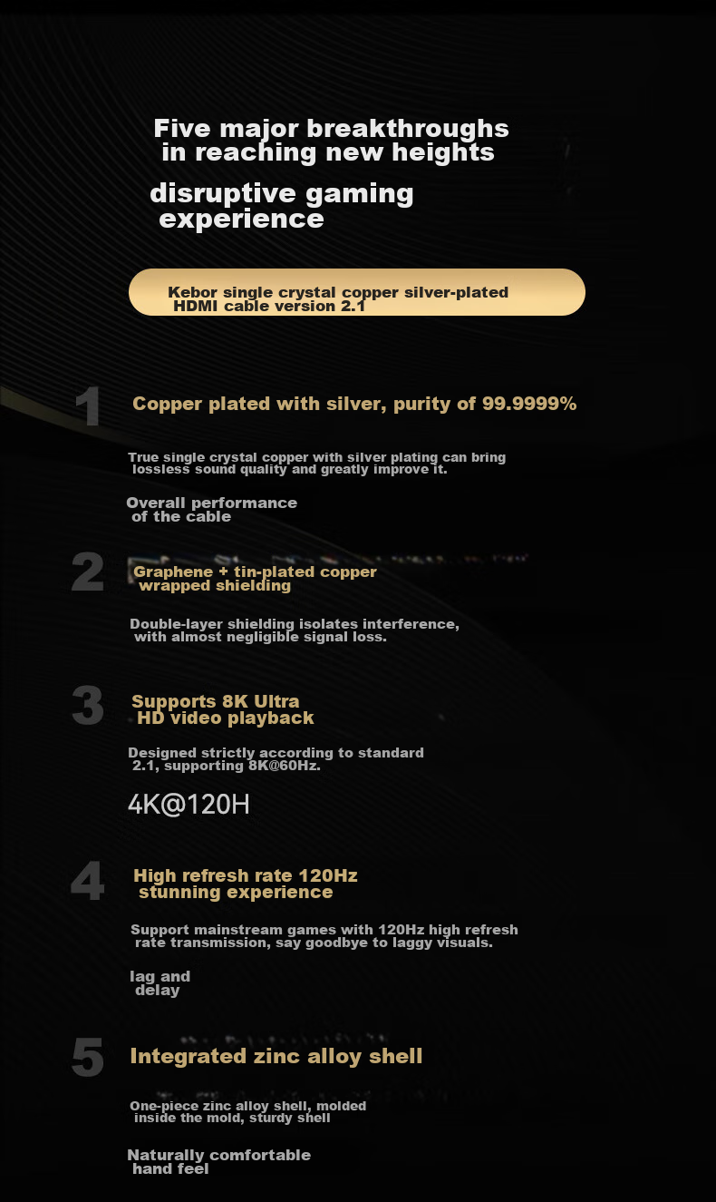 Kaiboer Single Crystal Copper Silver-Plated HDMI Cable Version 2.1, 4K240Hz8K60hz, High-Definition Audiophile Video Cable, for Connecting Computer, Set-Top Box, TV, Monitor, Theater, Engineering Wiring 2