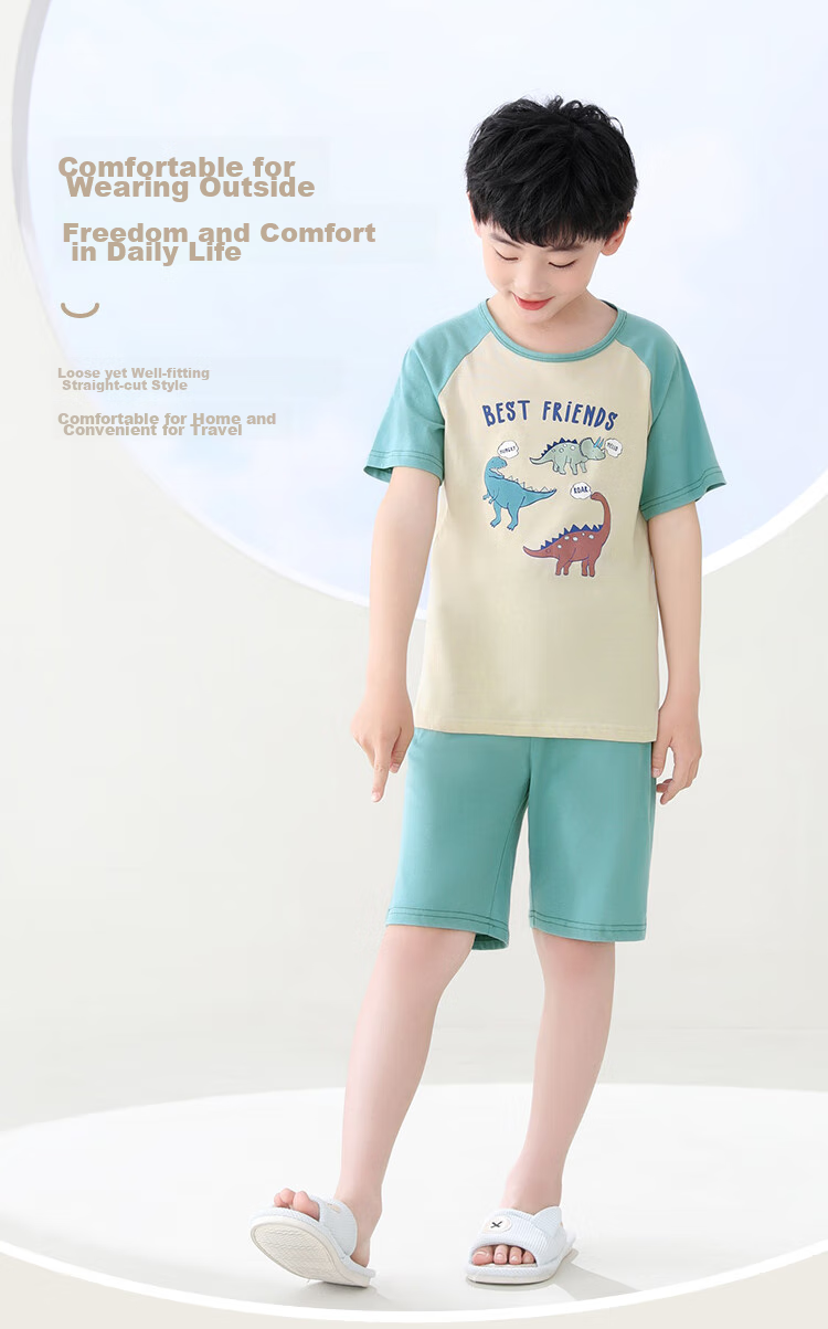 Hodohome Children's Pajamas, Boys' Summer Pure Cotton Loungewear, Big Kids Short-Sleeve Shorts Air Conditioning Suit Set, Size 315 One 165 5