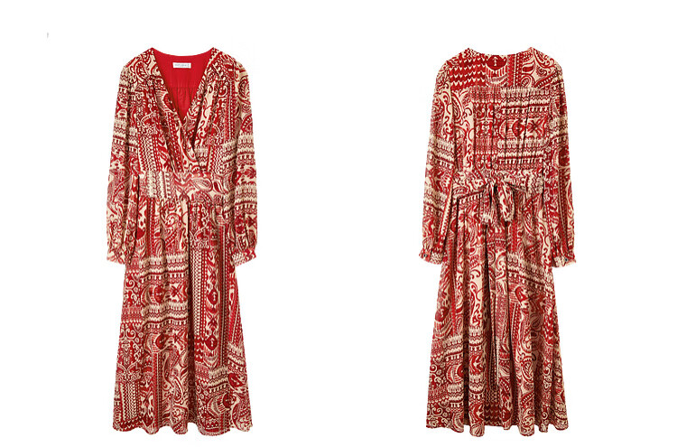 Sentubila Spring And Autumn Mid-Length Floral Print Red Dress, Elegant Goddess Style Slimming Vacation Dress, Red Floral Pattern, Size S 27