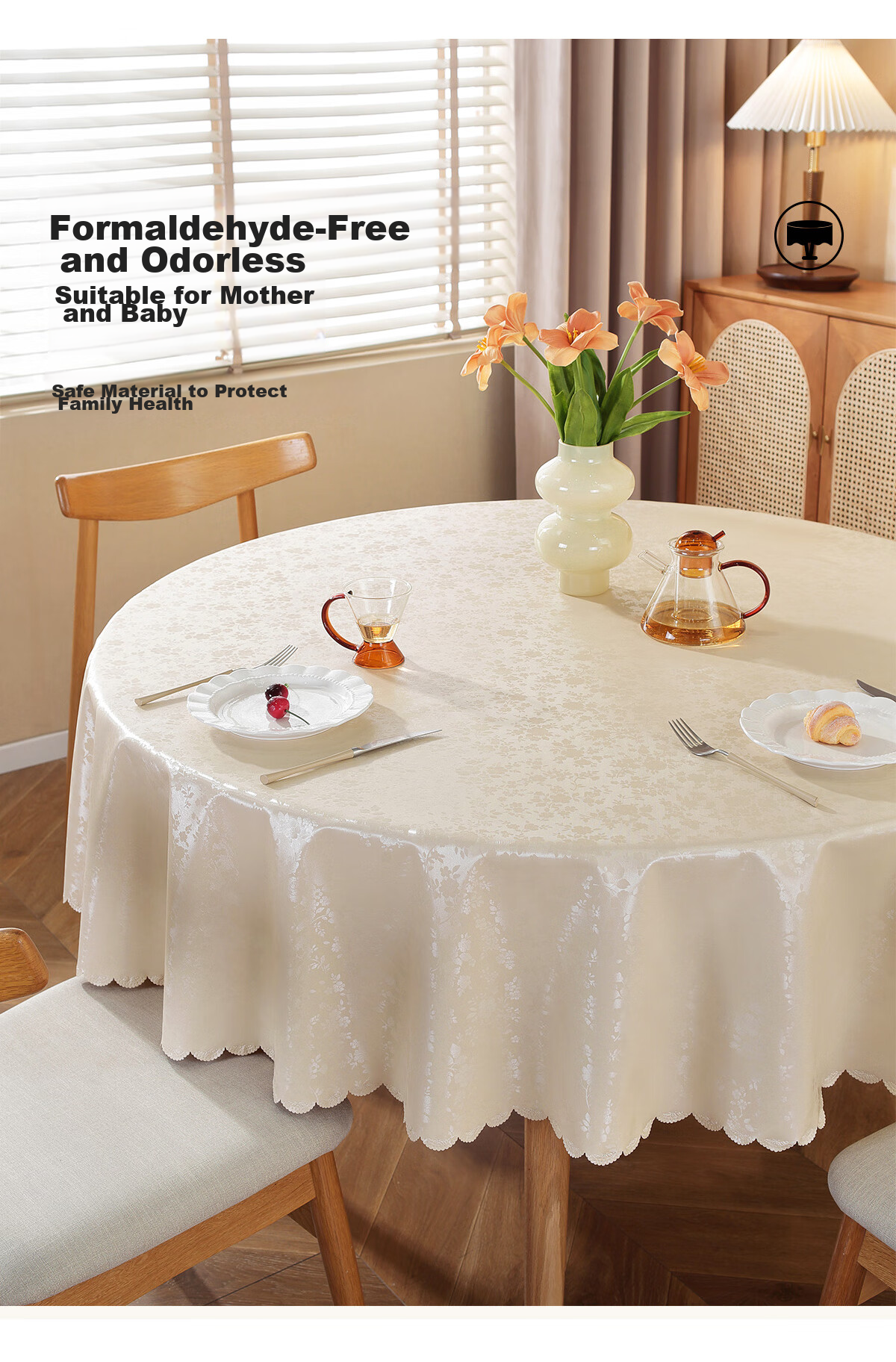 Mihua Round Tablecloth, Waterproof, Oil-Proof, Heat-Resistant, Washable-Free, Circular Dining Table Cover, Coffee Table Cloth, 180*180cm, Rose Champagne Color 9