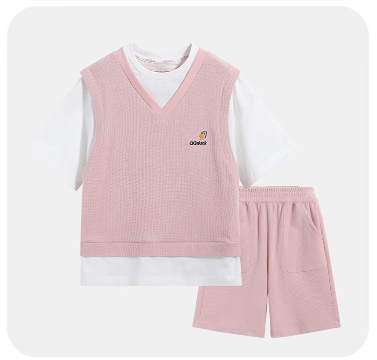 QQ DUCK Girls' Summer Outfit Set, Children's Sports Short-Sleeve Shorts, Youth Clothing, Waffle Texture, Green; Size 120 24