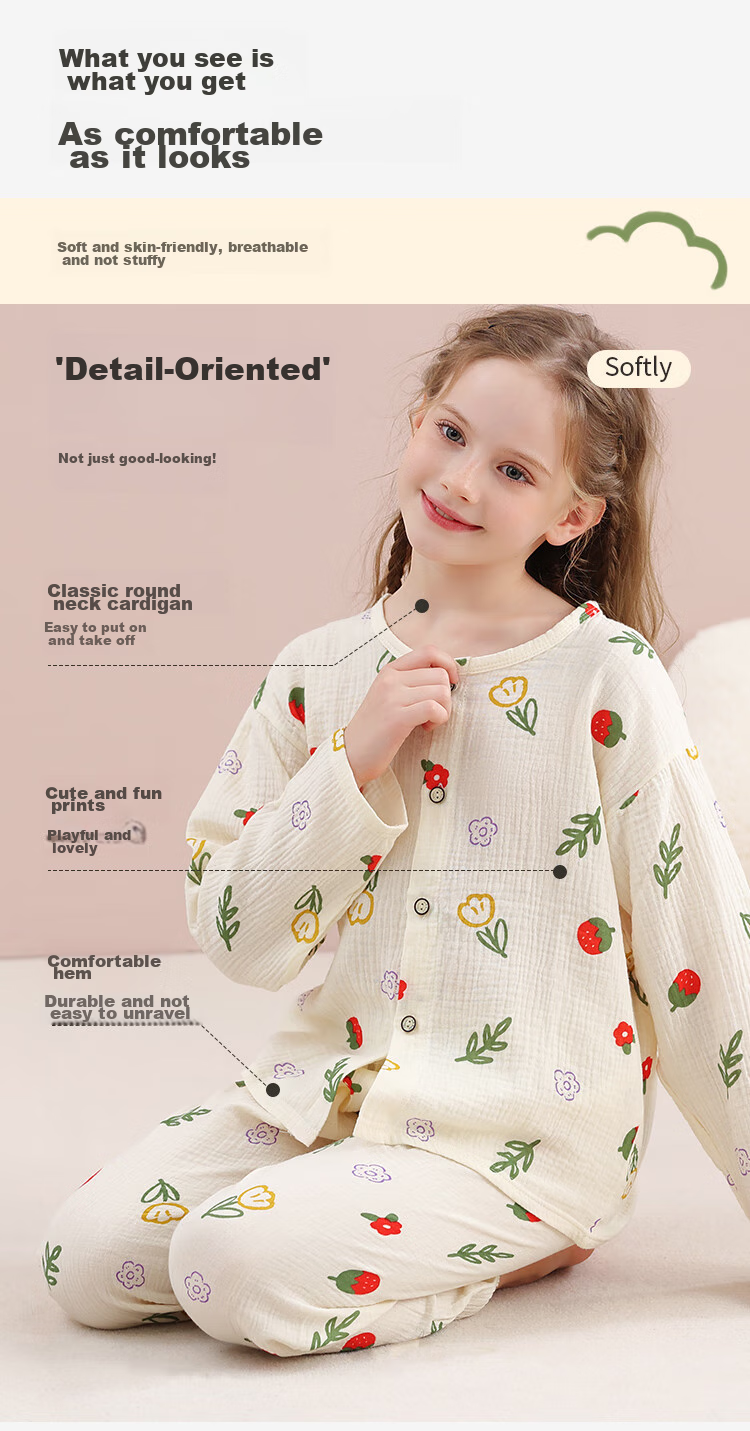 LangSha Children's Pajamas for Girls, Summer Pure Cotton Gauze Sleepwear for Older Children And Teenagers, Home Wear Set with Long Sleeves, Suitable for Outdoor Wear 4