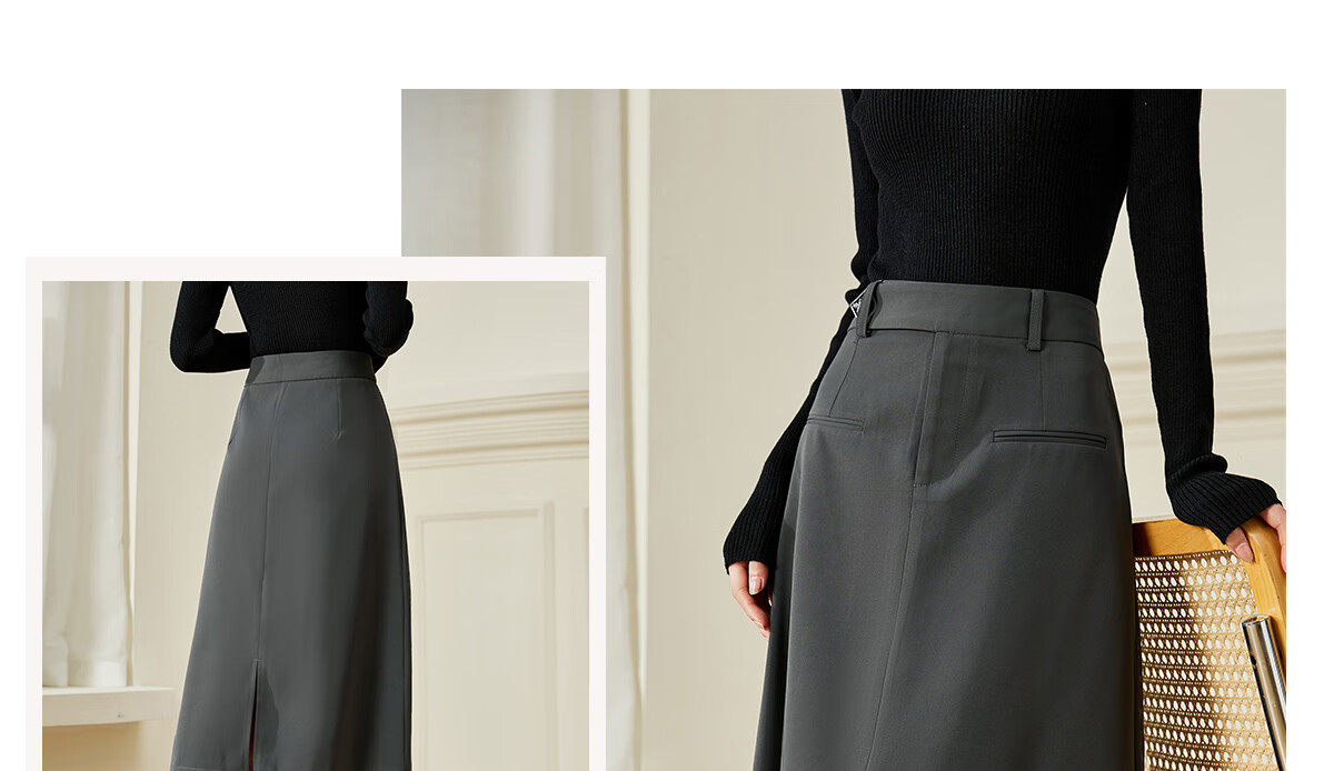 Chushen Spring Autumn Women's High Waist Half-Length Skirt with Double Piping Pocket Design, Elegant Commuter Versatile Simple A-Line Skirt S143B2016 14