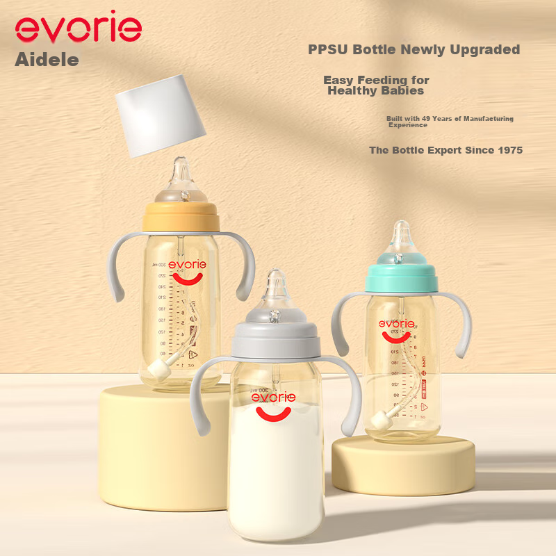 Evorie Baby Bottle for 6 Months And Above, Wide Neck with Handle And Gravity Ball, PPSU Bottle, 300ml Gray