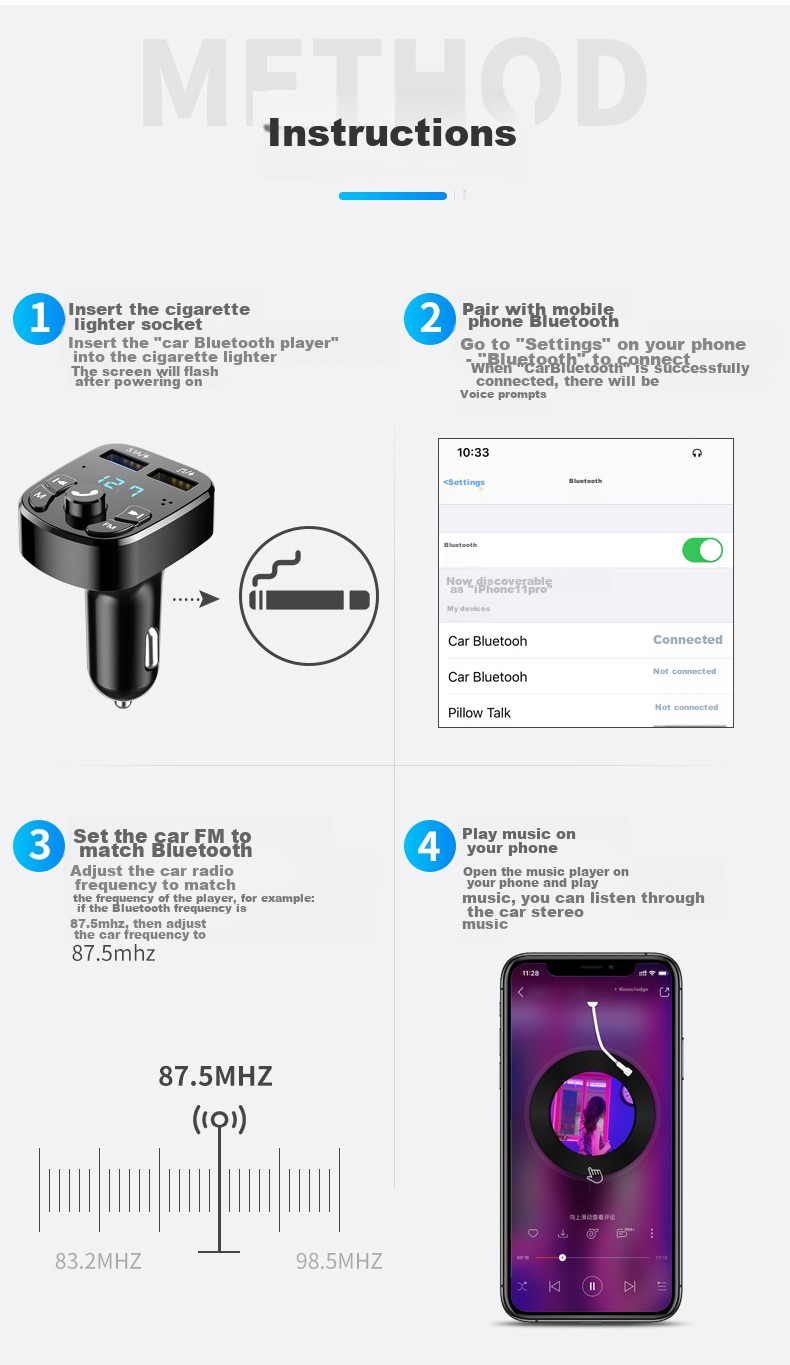 Zhunhang Car MP3 Bluetooth Player, USB Flash Drive Music Receiver, Three-In Data Cable, Apple Android Type-C Charging 15