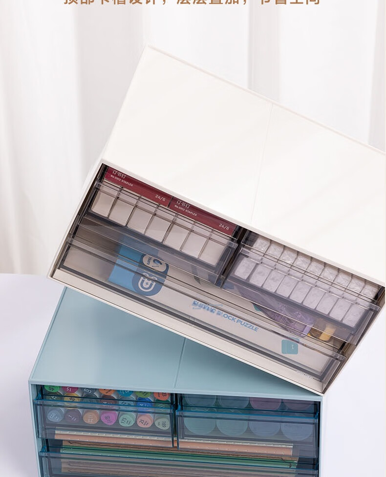 Deli Three-Compartment Desktop Storage Box, Drawer-Style Office Organizer, Multi-Layer Stackable Storage Container, Dorm Room Cosmetics Jewelry Miscellaneous Items Dustproof Organizer Box, White A5 Size PK122 11