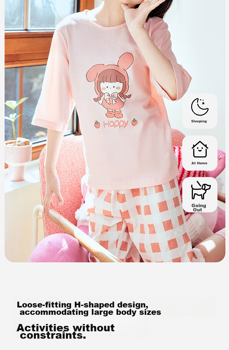 Dingguagua Children's Home Wear Set, Girls' Three-Quarter Sleeve Pajamas, Breathable Sleepwear for Older Children, Thin Summer Pure Cotton, Yellow, Size 150 5
