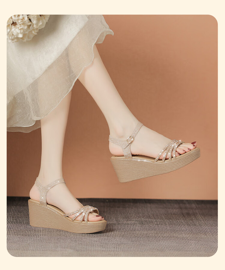 ZHR Women's Shoes, Summer Wedge Versatile Sandals, Fashionable Rhinestone Platform Slimming Beach Shoes for Women, AY161, Apricot Color, Size 35 22