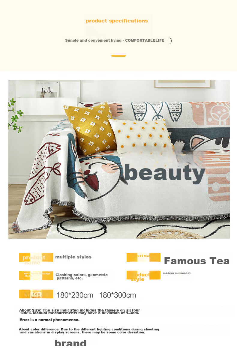 AVIVI Sofa Cover, Slipcover, Seat Cushion, Non-Slip, All-Season, Full Coverage, 180*300, Lucky Cat Desig 12